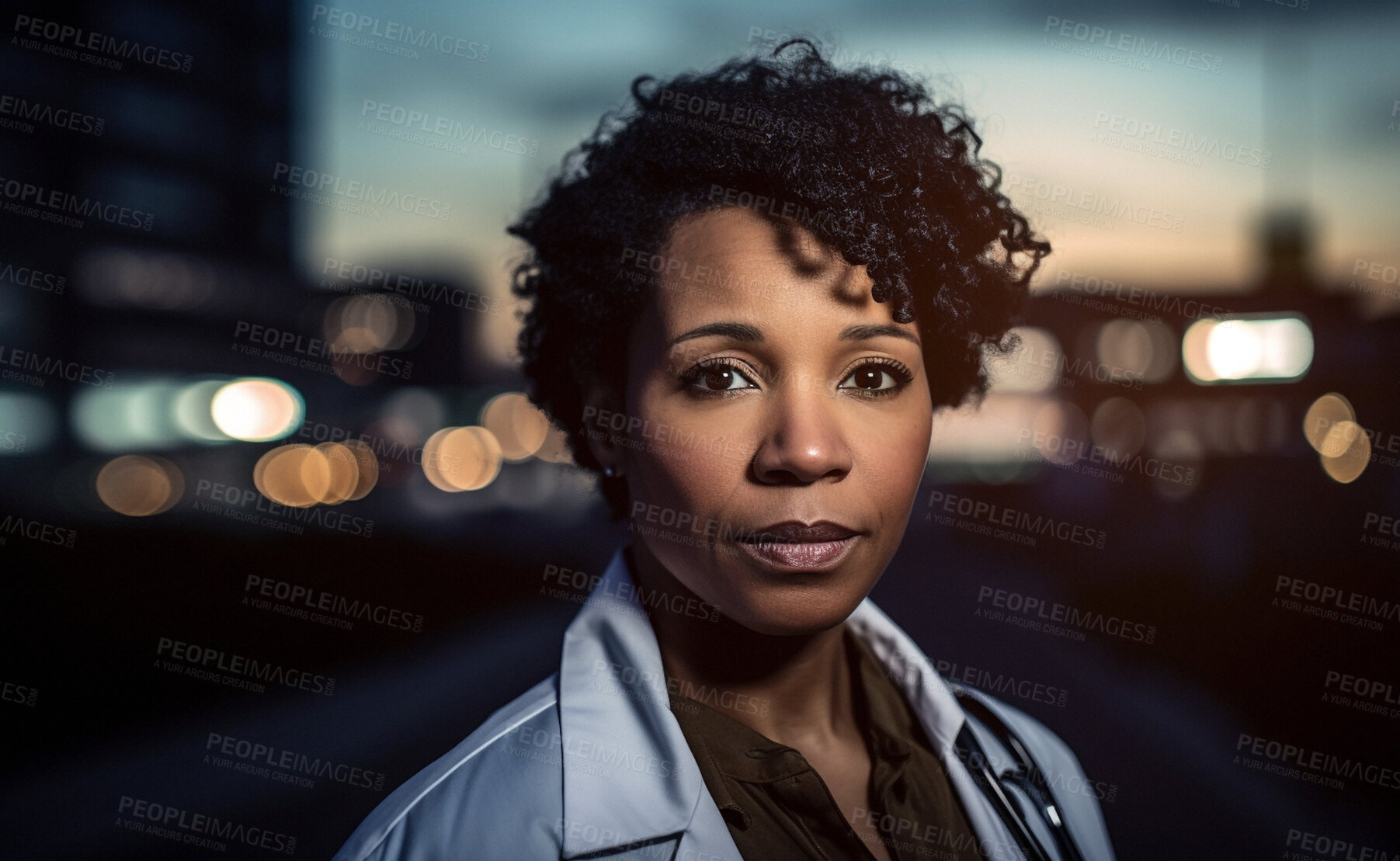 Buy stock photo Woman, portrait and doctor in city at night for professional, confident and serious about us for wellness pride. Ai generated, face and African healthcare worker standing in urban town at sunset