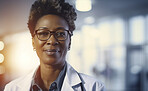 Black woman, doctor and face in hospital with trust, confidence and smile in medical clinic for professional about us. African gp portrait, happy and ai generated healthcare worker on mockup space