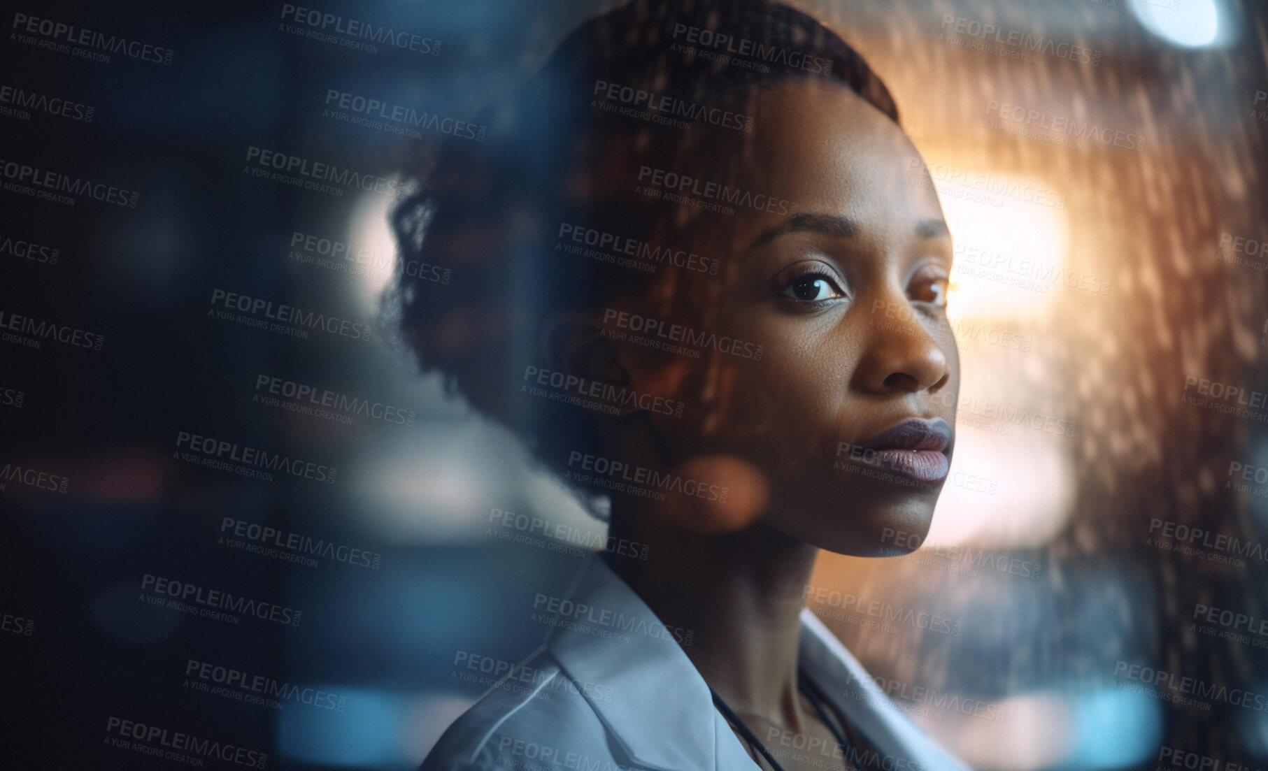 Buy stock photo Black woman, doctor and thinking by hospital window at night with healthcare vision, ideas and future wellness planning. Ai generated, worker and medical worker in closeup and working late in clinic