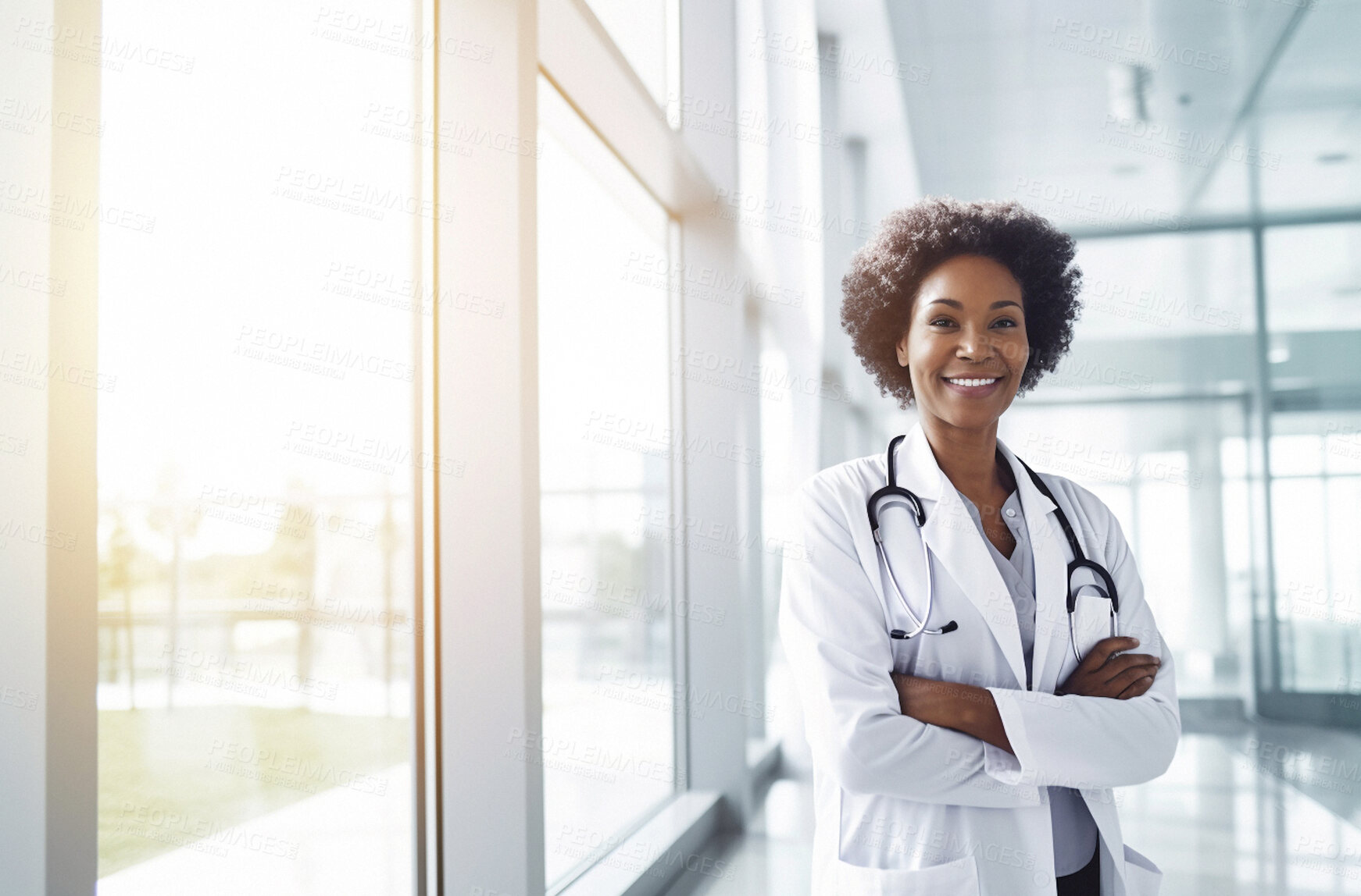 Buy stock photo Black woman, doctor or portrait with arms crossed in hospital for trust, confidence or smile in medical clinic for professional about us. African gp, happy or ai generated healthcare worker by window