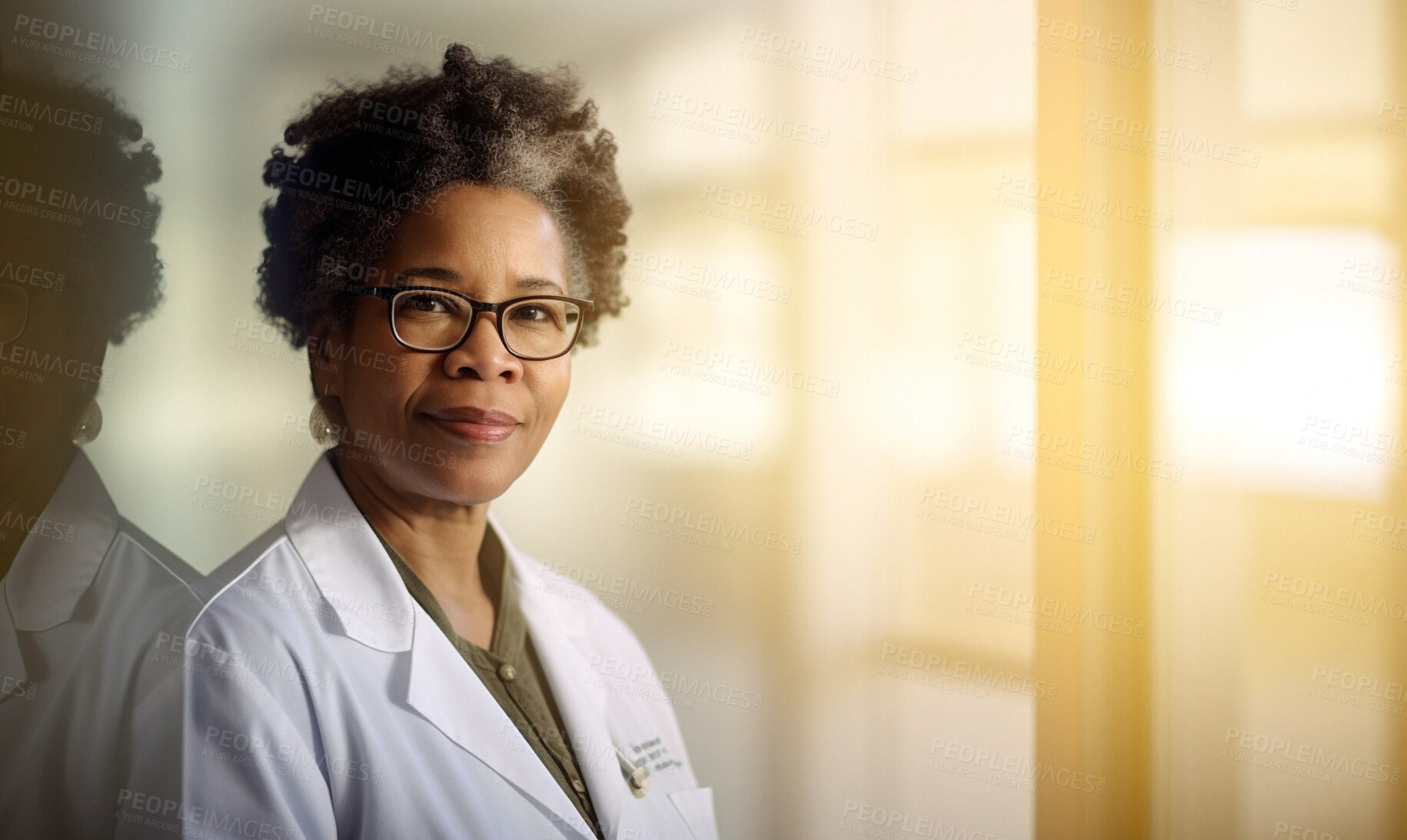 Buy stock photo Black woman, doctor and face in hospital with trust, confidence and smile in medical clinic for professional about us. Mature gp portrait, happy and ai generated healthcare worker on mockup space