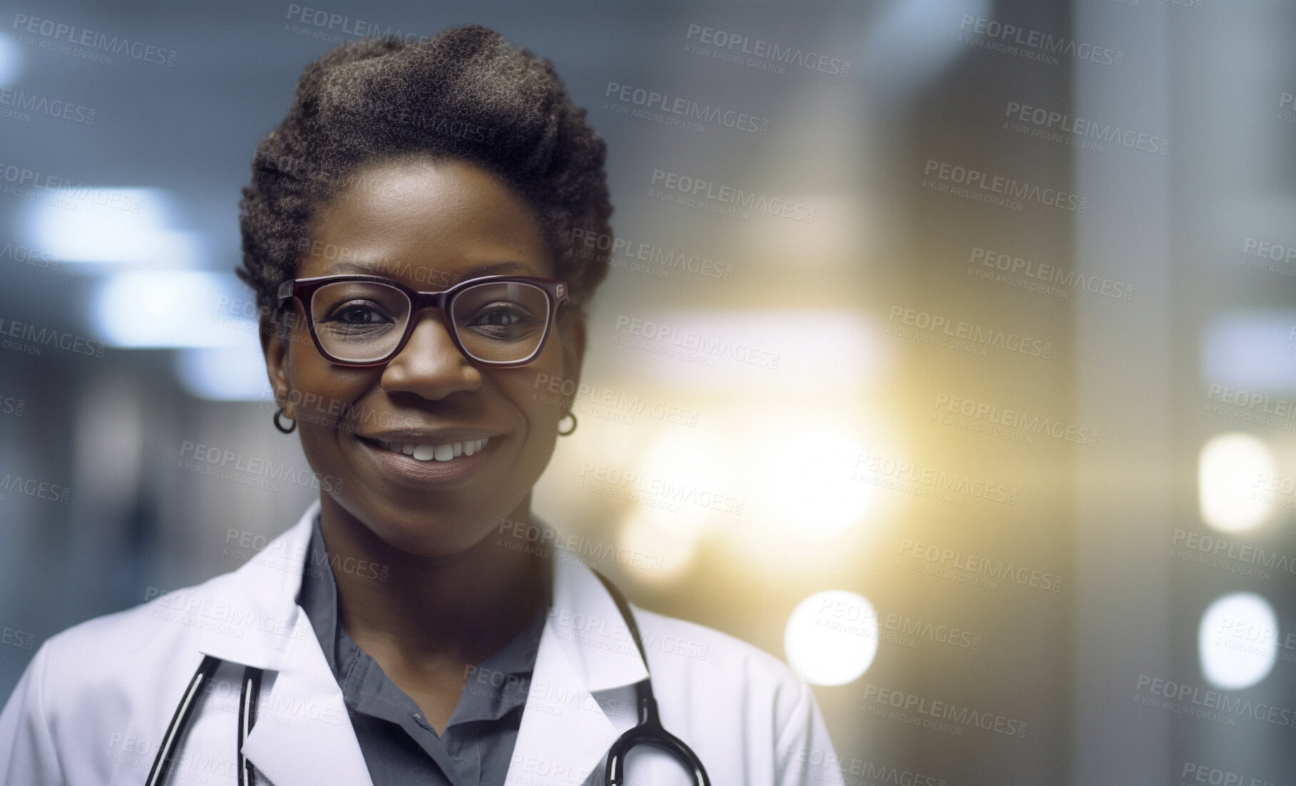 Buy stock photo Black woman, doctor and face in hospital with trust, confidence and smile in medical clinic for professional about us. African gp portrait, happy and ai generated healthcare worker on mockup space