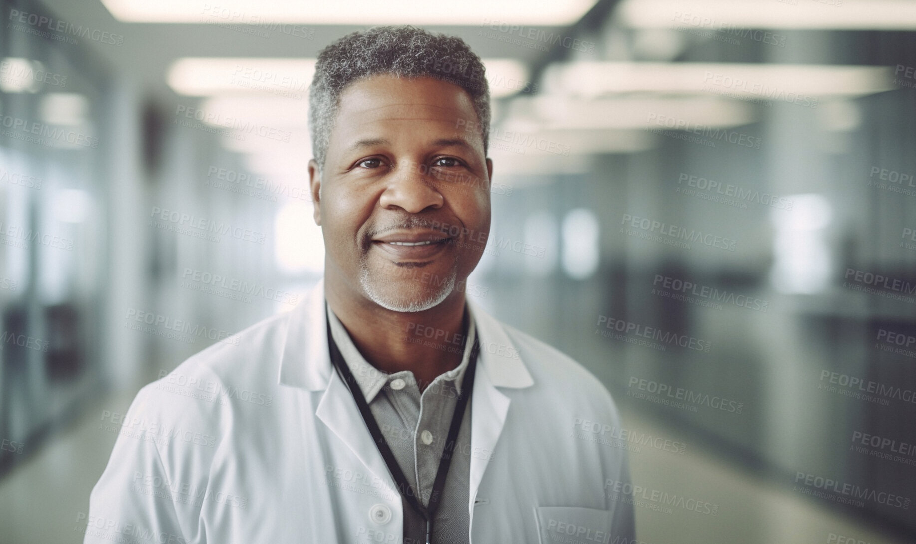 Buy stock photo Black man, doctor and face in hospital with trust, confidence and smile in medical clinic for professional about us. African gp portrait, happy and mature ai generated healthcare worker in corridor