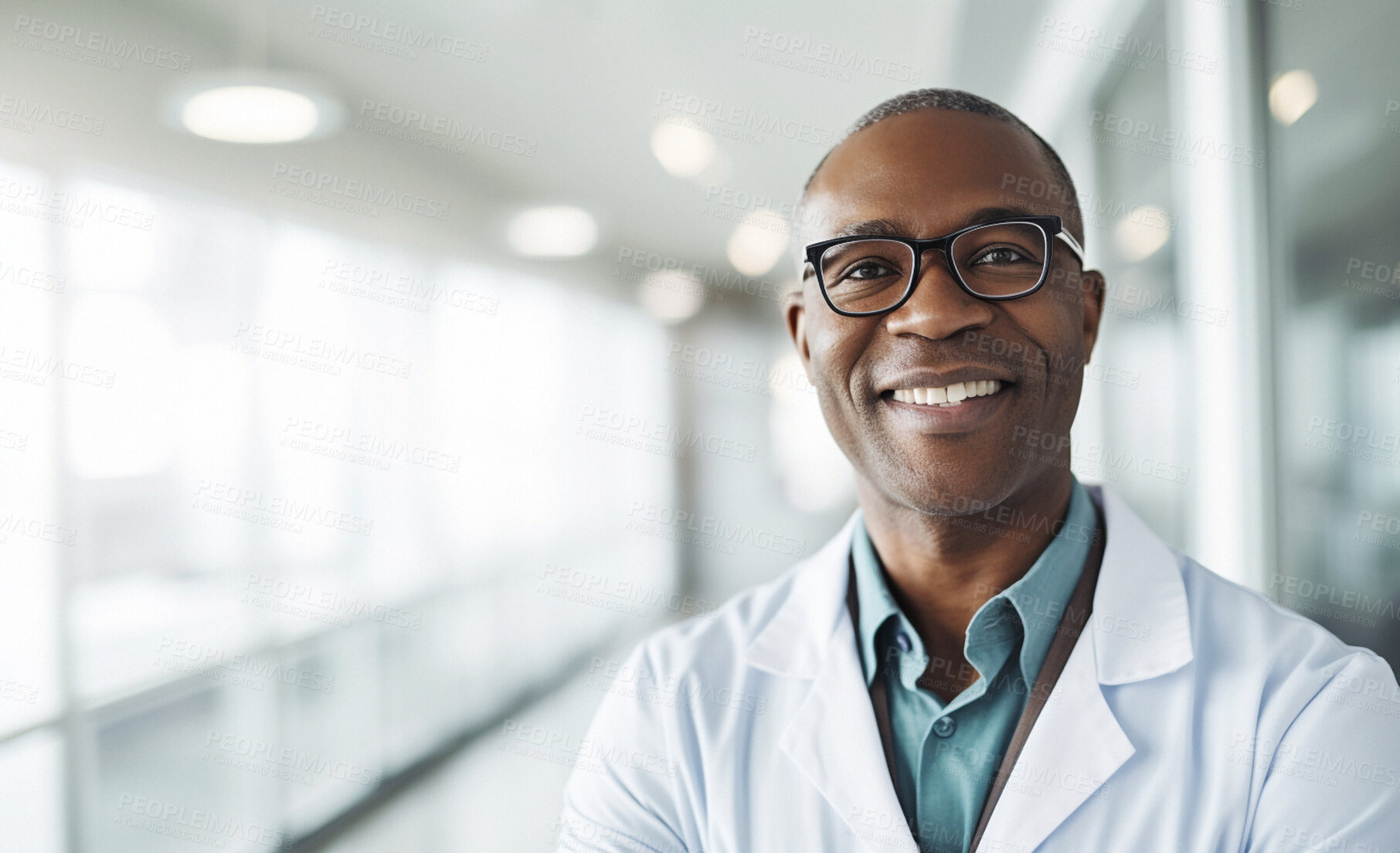 Buy stock photo Black man, doctor and face in hospital with trust, confidence and smile in medical clinic for professional about us. African gp portrait, happy and mature ai generated healthcare worker in corridor