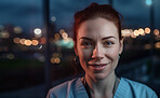 Woman, doctor or face at night by hospital window with trust, confidence or smile while working late in medical clinic. Closeup portrait, happy or ai generated healthcare worker on mockup bokeh space