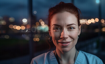 Buy stock photo Woman, doctor or face at night by hospital window with trust, confidence or smile while working late in medical clinic. Closeup portrait, happy or ai generated healthcare worker on mockup bokeh space