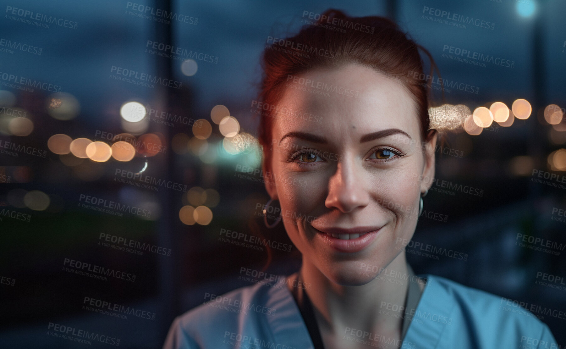 Buy stock photo Woman, doctor or face at night by hospital window with trust, confidence or smile while working late in medical clinic. Closeup portrait, happy or ai generated healthcare worker on mockup bokeh space