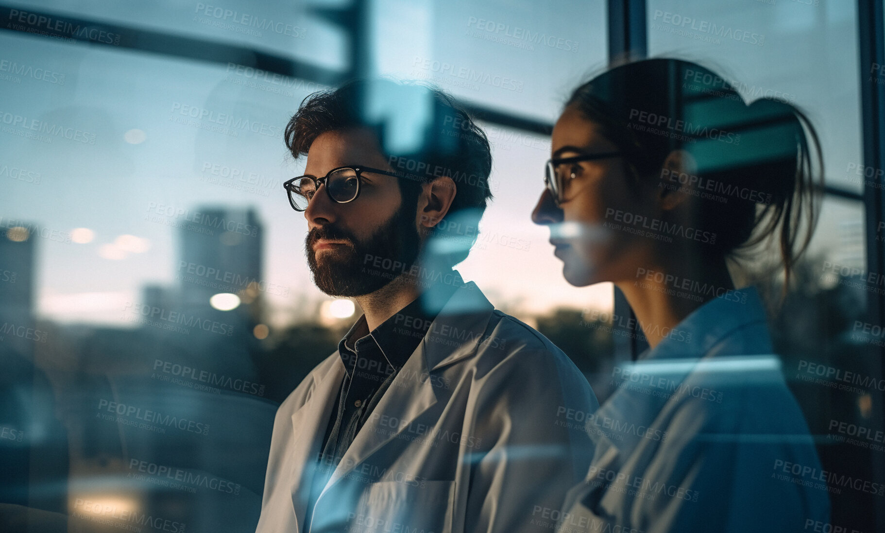 Buy stock photo People, doctors and thinking by hospital window at night with healthcare vision, ideas and future wellness. Ai generated man, woman and evening medical team working late in city clinic collaboration