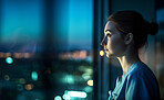 Woman, nurse and thinking by hospital window at night with healthcare vision, ideas and future wellness planning. Ai generated, worker and medical doctor by mockup space and working late in clinic