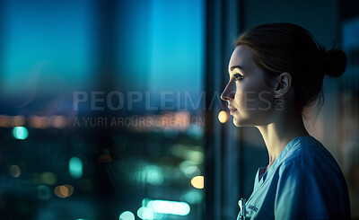 Woman, nurse and thinking by hospital window at night with healthcare vision, ideas and future wellness planning. Ai generated, worker and medical doctor by mockup space and working late in clinic