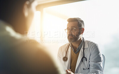 Mature doctor, consultation and patient in hospital for surgery results, healthcare and wellness checkup. Talking, man and ai generated person in medical appointment for routine medicine visit