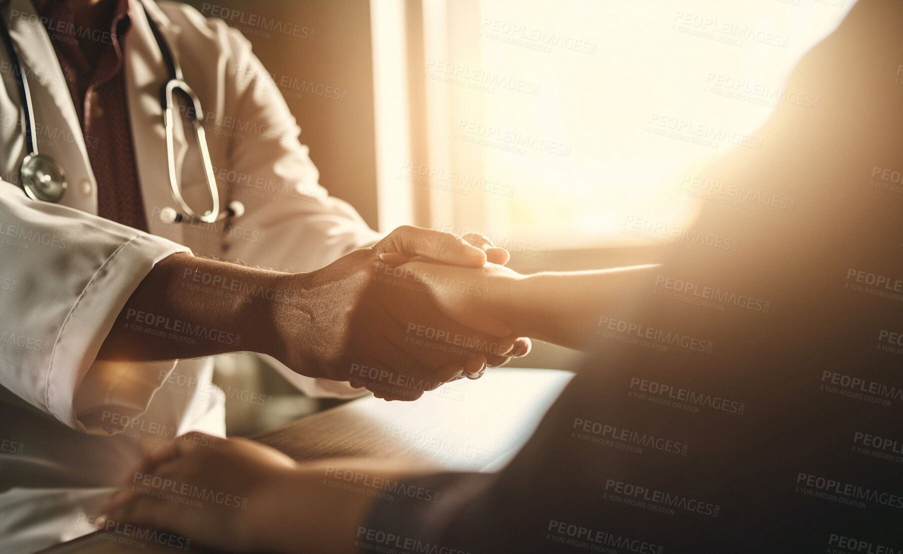 Buy stock photo Closeup, holding hands and doctor with patient in hospital for comfort, support and sharing bad news. Ai generated, medical and healthcare worker touching hand of person in clinic for empathy