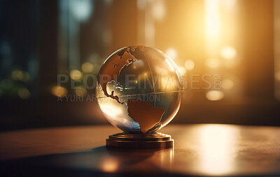 Closeup, earth and globe map on table for geography, learning and education of travel, location and navigation. Ai generated, global and glass world ornament on home desk with flare mock up space