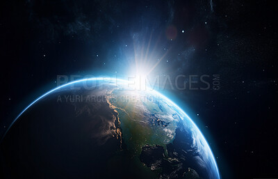 Earth, surface or sunrise in space, galaxy and universe for science research, astrology and planet exploration. Ai generated, astronomy and solar system with world sunset, dark sky or night mockup