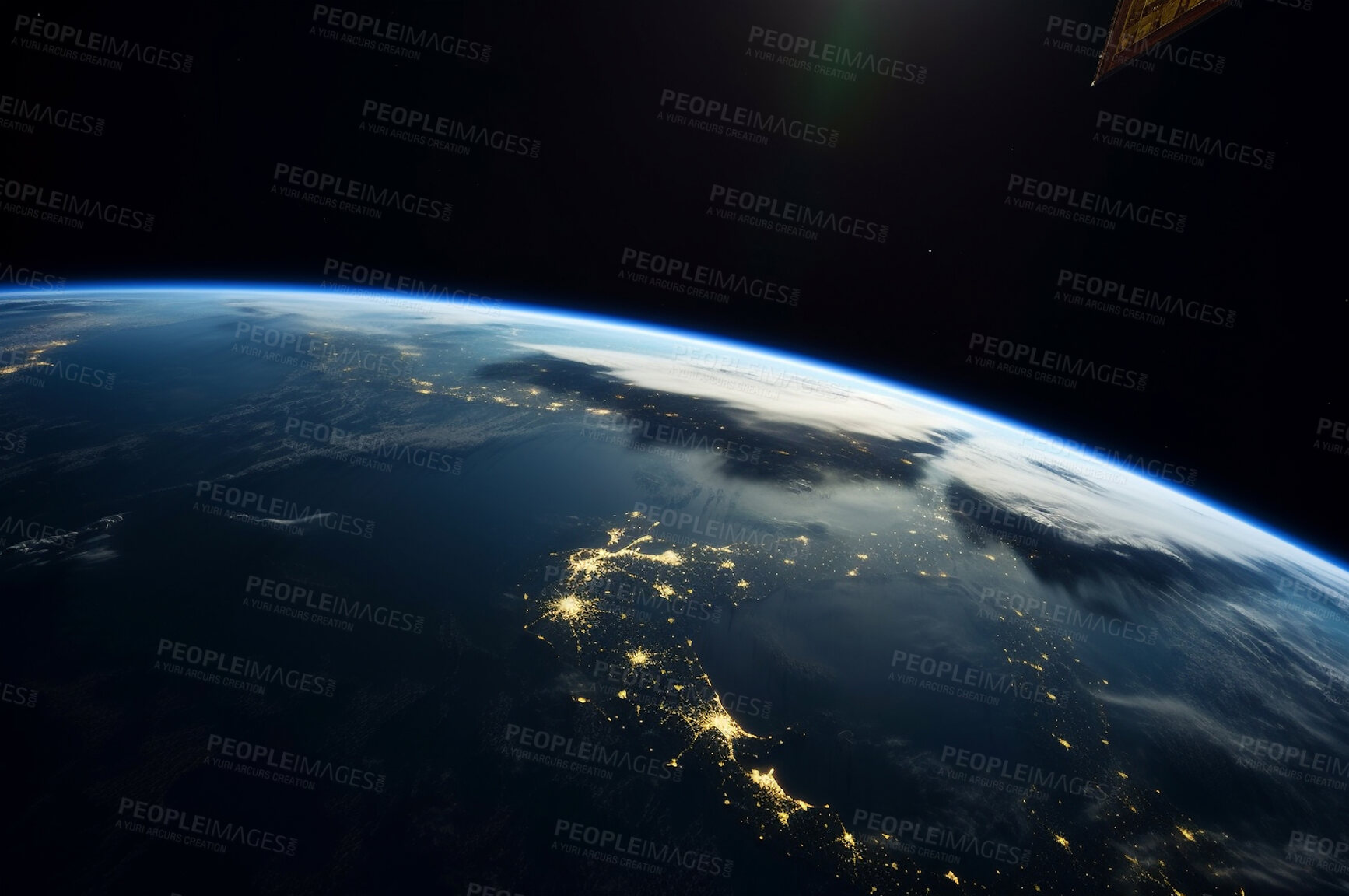 Buy stock photo Earth, surface or sunset in space, galaxy and universe for science research, astrology and planet exploration. Ai generated, astronomy and solar system with world sunrise, dark sky or night mockup