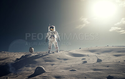 Astronaut, person and moon surface exploration for solar system, universe or planet landing. Ai generated, spaceman and safety suit on lunar discovery, space mission and science navigation background