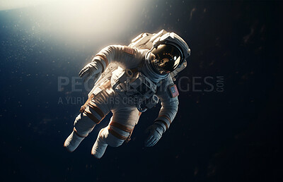 Astronaut, suit and spaceman floating in space for astronomy exploration, science research and navigation discovery. Ai generated, person and scientist in travel, adventure and solar system mockup