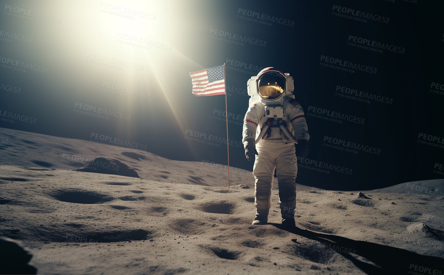 Buy stock photo Astronaut, person or national flag on moon in planet exploration achievement, success or pride in solar system suit. Ai generated, spaceman or American scientist on lunar landing victory or discovery