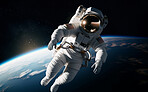 Astronaut, suit and spaceman floating in space for planet exploration, science research and navigation discovery. Ai generated, person and scientist in travel, adventure and solar system safety gear