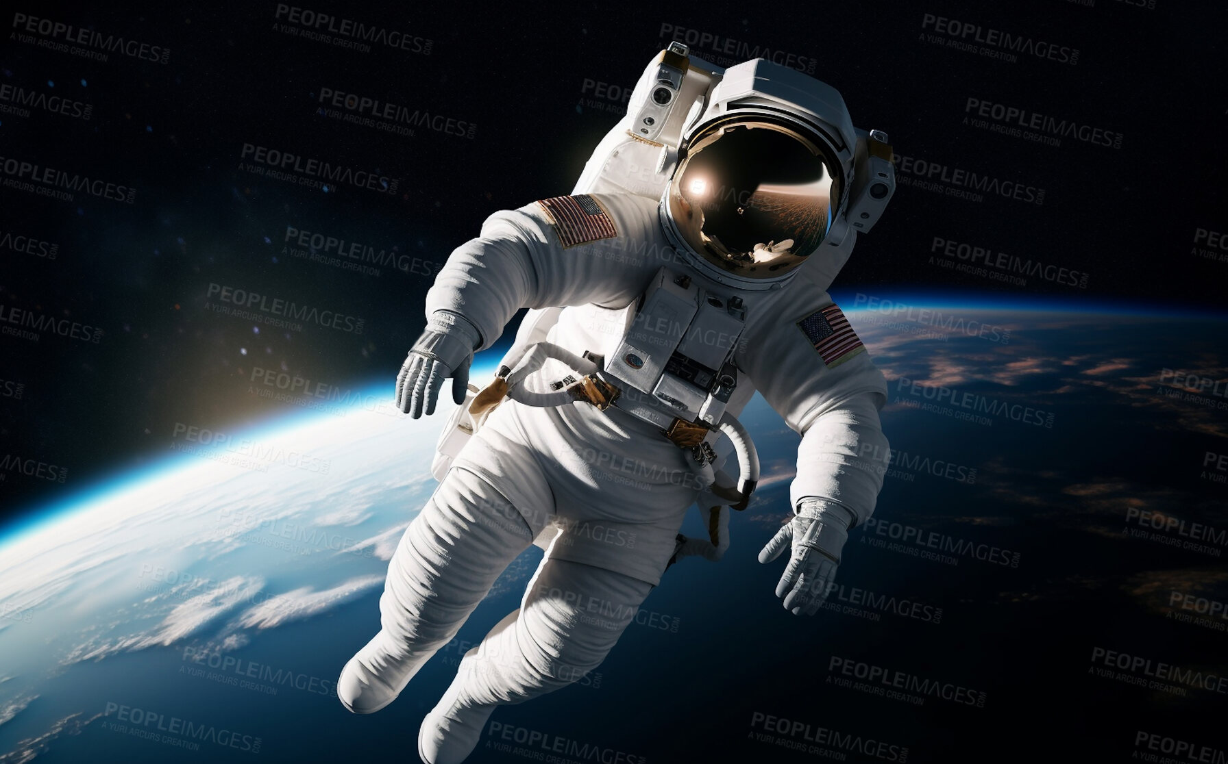 Buy stock photo Astronaut, suit and spaceman floating in space for planet exploration, science research and navigation discovery. Ai generated, person and scientist in travel, adventure and solar system safety gear
