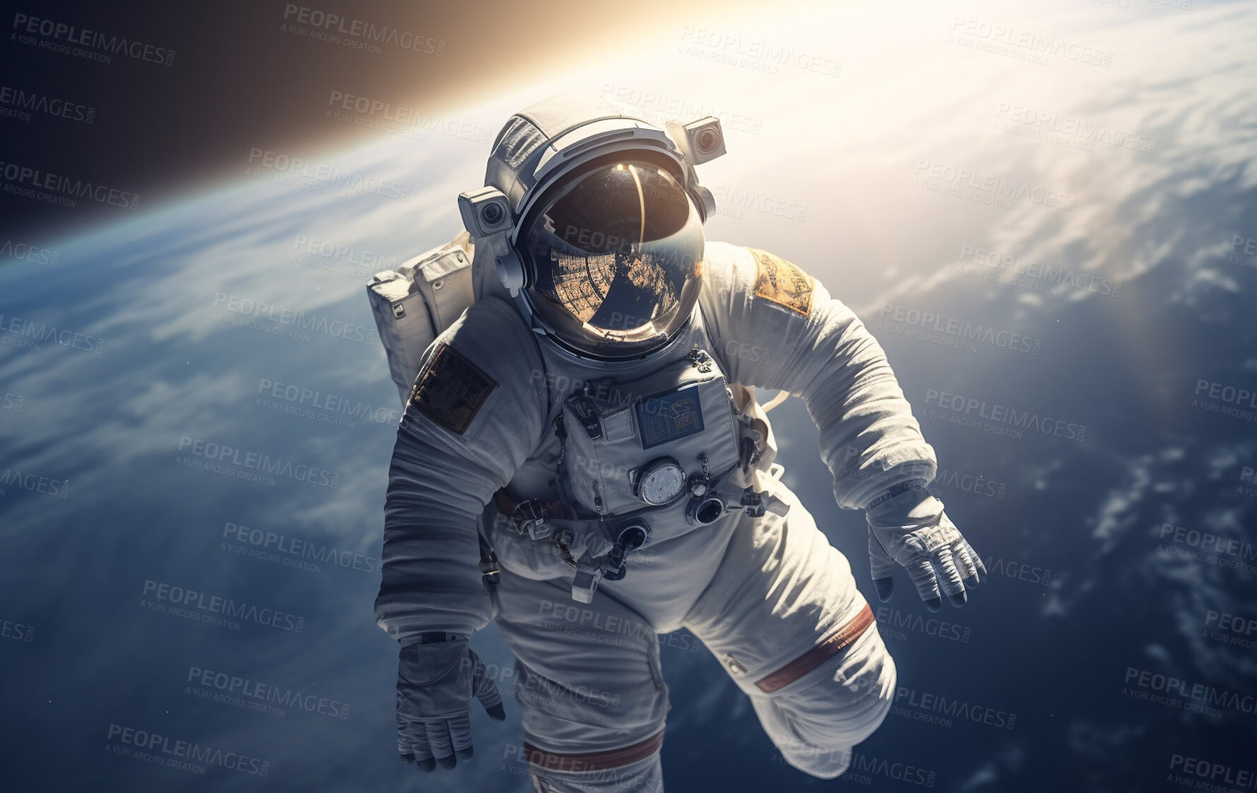 Buy stock photo Astronaut, suit and person floating in space for planet exploration, science research and navigation discovery. Ai generated, spaceman and scientist in travel, adventure and solar system safety gear