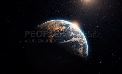Earth, surface or sunset in space, universe and galaxy for science research, astrology and planet exploration. Ai generated, astronomy and solar system with world sunrise, dark sky or night mockup