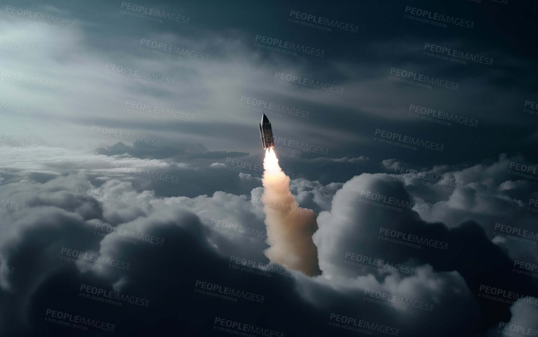 Buy stock photo Space ship fire, dark sky and rocket in take off, adventure and atmosphere for exploration, discovery mission or science research. Ai generated, shuttle and travel in solar system, universe or galaxy