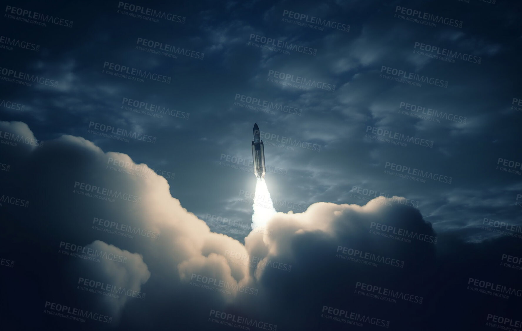 Buy stock photo Space ship fire, dark sky and rocket in take off, adventure and atmosphere for exploration, discovery mission or science research. Ai generated, shuttle and travel in solar system, universe or galaxy