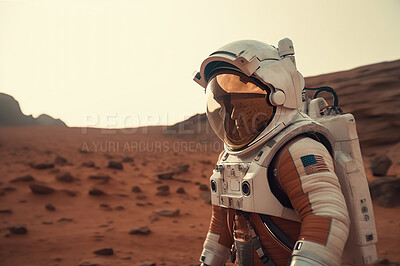 Astronaut, man and suit in mars planet exploration, science research and navigation discovery. Ai generated, person and scientist in space travel achievement, adventure and solar system safety gear