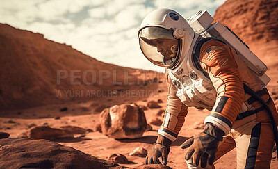 Astronaut, person and suit in mars planet exploration, science research and navigation discovery. Ai generated, man and scientist in space travel achievement, adventure and solar system safety gear