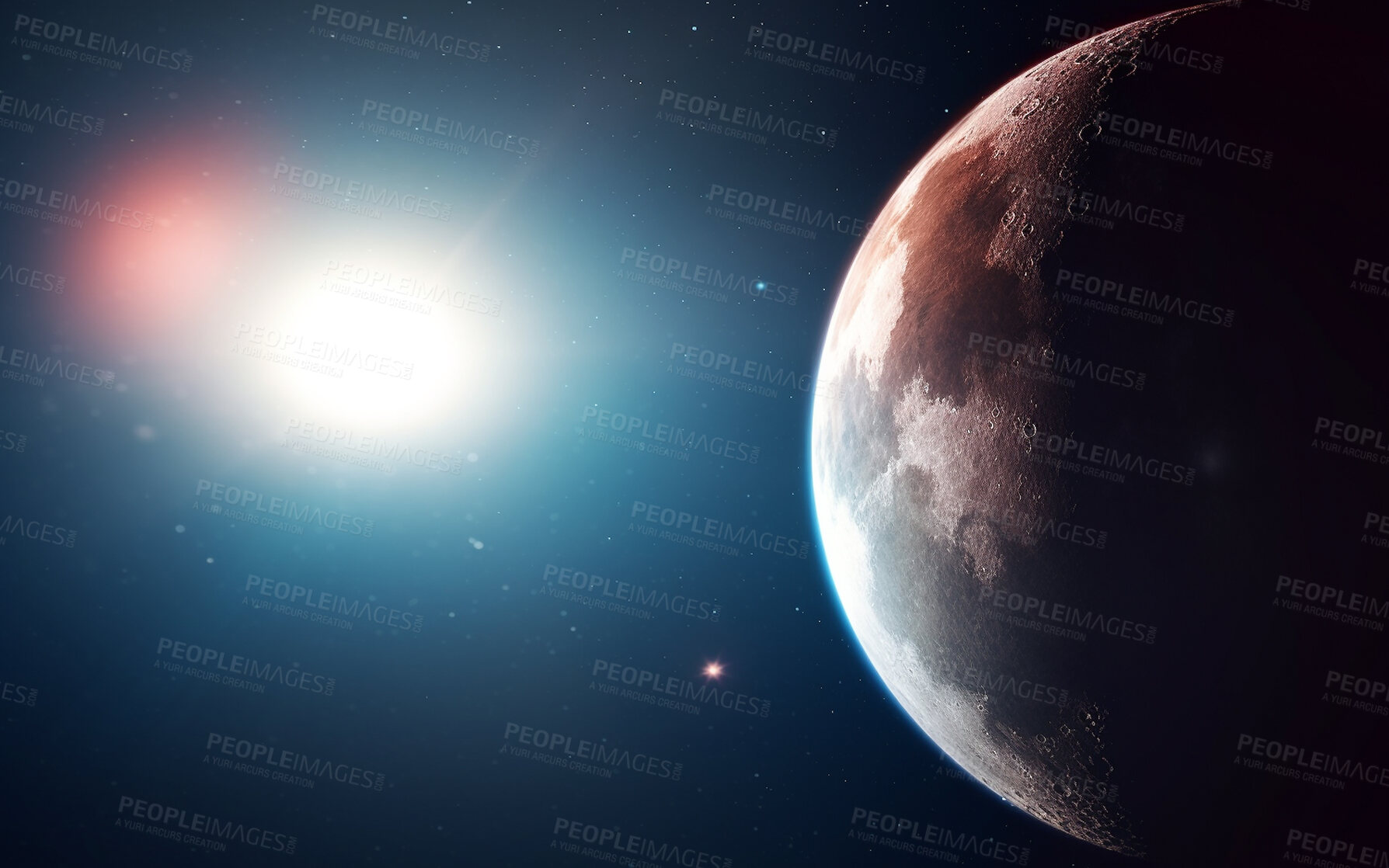 Buy stock photo Moon, surface and sun flare in space, universe and galaxy for science research, astrology and planet exploration. Ai generated, astronomy and solar system or lunar exposure, dark sky and cosmic night