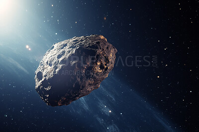 Asteroid, meteor and debris in space from explosion, apocalypse and armageddon danger in dark sky creation. Ai generated, comet and meteorite rocks in solar system, universe and galaxy background
