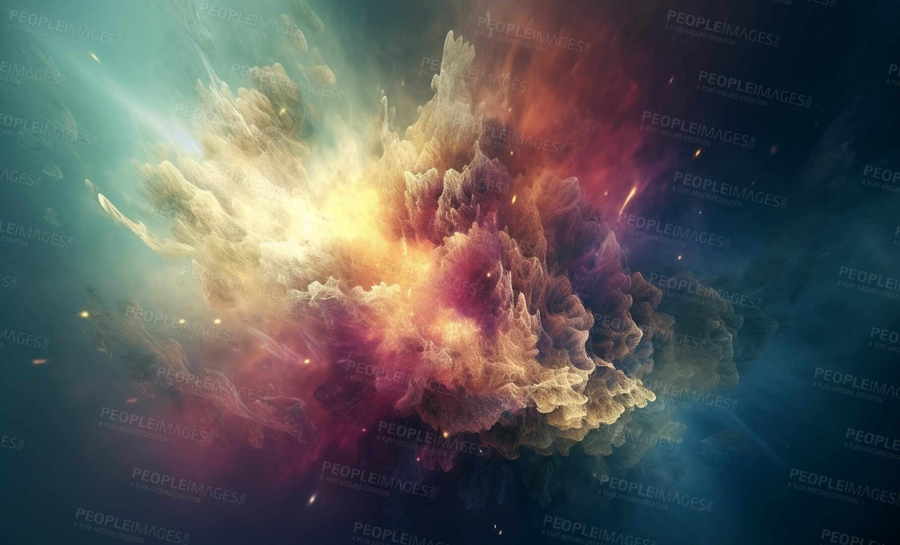 Buy stock photo Space, supernova and dust cloud in dark sky of astrology, universe and nebula cosmos for science research. Ai generated, color and solar system flare with galaxy, explosion and cosmic gas background