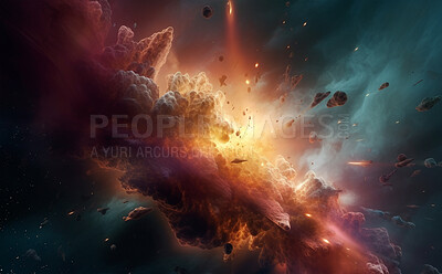 Galaxy, supernova and dust cloud in dark sky of astrology, universe and nebula cosmos for science research. Ai generated, color and solar system flare with space, explosion and cosmic gas background