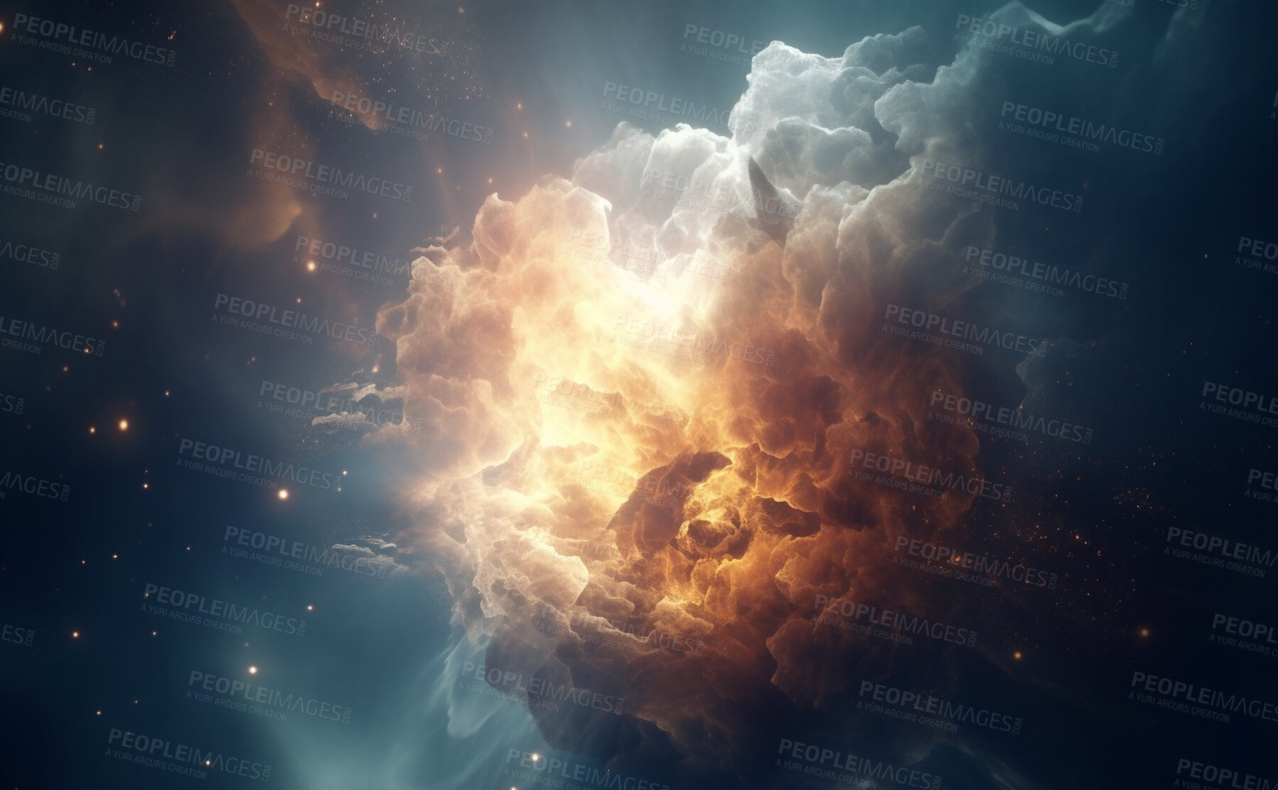 Buy stock photo Galaxy, solar system and dust cloud in dark sky of astrology, universe and nebula cosmos for science research. Ai generated, color and space flare with supernova, explosion and cosmic gas background