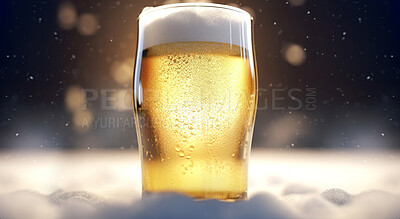 Closeup, beer and pint glass with foam on night club table, restaurant and party for celebration, new year and late event. Ai generated, alcohol and draught beverage isolated on bokeh mockup space