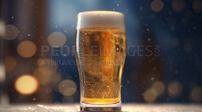 Closeup, beer and pint glass on bar with foam in night club, restaurant and party for celebration, new year and late event. Ai generated, alcohol and draught beverage isolated on bokeh mockup space