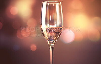 Closeup, champagne or drink glass on table in night club, restaurant and party for celebration, new year and late event. Ai generated, alcohol or luxury bubble beverage isolated on bokeh mockup space