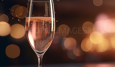 Closeup, champagne or alcohol glass on table in night club, restaurant and party for celebration, new year and late event. Ai generated, drink or luxury bubble beverage isolated on bokeh mockup space