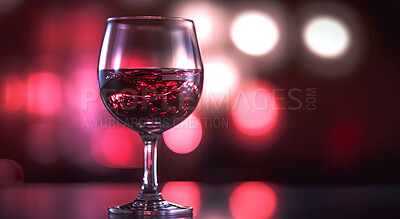 Red wine glass, closeup and alcohol on table in a restaurant, night club and party for a celebration, new year and evening event. Ai generated, drink and pinot noir isolated on bokeh mock up space