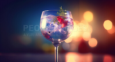 Gin and tonic, closeup and cocktail glass on table in night club, restaurant and party for celebration, new year and late event. Ai generated alcohol, drink and liquor isolated on bokeh mockup space