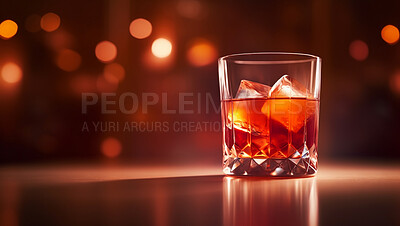 Old fashioned, closeup or cocktail glass on table in night club, restaurant and party for celebration, new year or late event. Ai generated alcohol, drink or bourbon isolated on bokeh mockup space