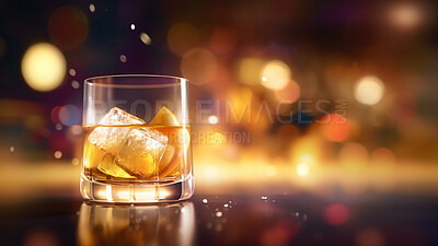 Closeup, whisky and cocktail glass on table in night club, restaurant and party for celebration, new year or late event. Ai generated alcohol, drink and orange liquor isolated on bokeh mockup space