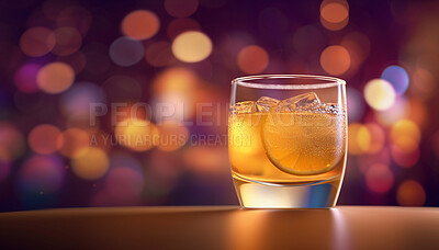 Closeup, rum and cocktail glass on table in night club, restaurant and party for celebration, new year or late event. Ai generated alcohol, drink and orange liquor isolated on bokeh mockup space