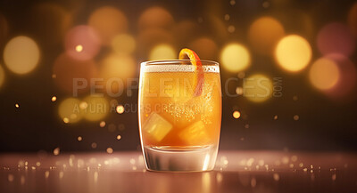 Closeup, cognac and cocktail glass on table in night club, restaurant and party for celebration, new year or late event. Ai generated alcohol, drink and orange liquor isolated on bokeh mockup space