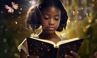 Fantasy, book and forest with black girl and reading for fairytale, education and learning. Ai generated, inspiration and butterfly with kid and study for youth, night and child development
