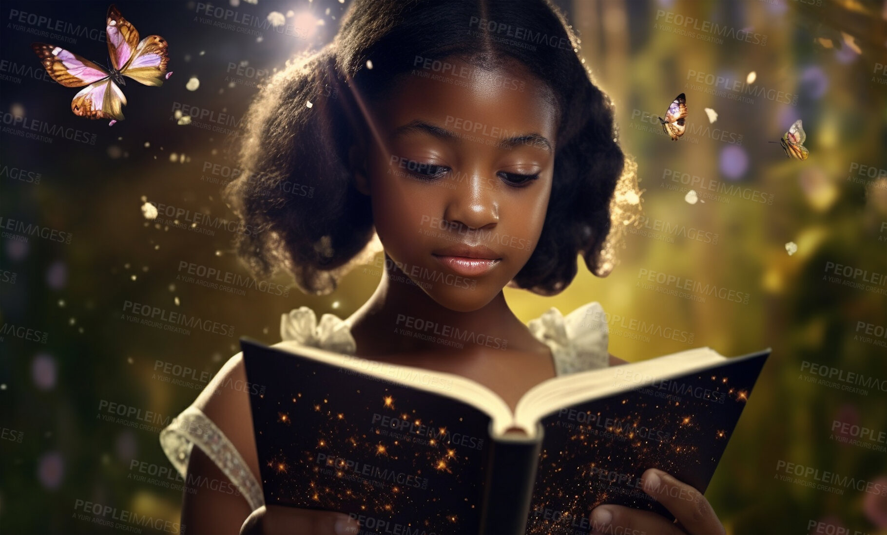 Buy stock photo Fantasy, book and forest with black girl and reading for fairytale, education and learning. Ai generated, inspiration and butterfly with kid and study for youth, night and child development