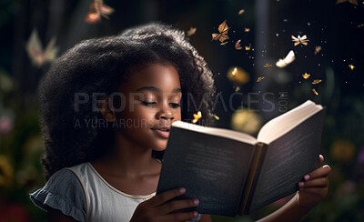 Fantasy, book and storytelling with black girl and reading for fairytale, imagination and learning. Ai generated, inspiration and forest with kid and study for youth, night and child development