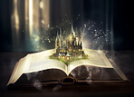 Education, fantasy and glitter with book and castle on table for fairytale, imagination and night. Ai generated, inspiration and magic with literature and palace for magical, learning or storytelling