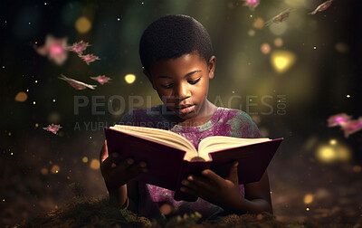Fairytale, book and forest with boy and reading for fantasy, imagination and learning. Ai generated, inspiration and flowers with black kid and study for literature, knowledge or child development